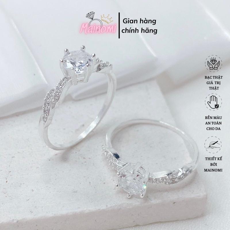Nhẫn nữ bạc ta viền xoắn vai bèo MAINOMI đá chủ 6li siêu đẹp