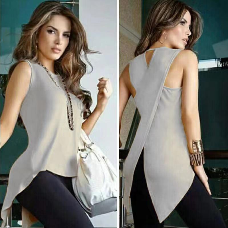 Product Introduction of Áo Thun Hở Eo Chéo Lưng Bất Đối Xứng Phong Cách Âu Mỹ Áo Không Tay Gợi Cảm, Màu Trơn Cổ Tròn, Xu Hướng Năm 2024 14