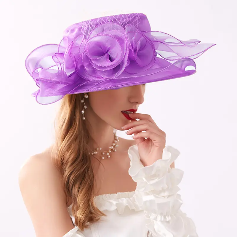 Sunhats for Women Wedding Hat Elegant Flower Mesh Ruffles Wide Brim Sunscreen Church French Vintage Hat