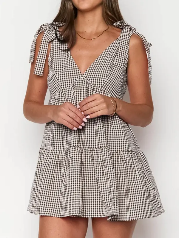 Women's Plaid Print Bow Decor Tie Shoulder Sleeveless Dress, Casual Fashion Gingham Dress for Daily Holiday Vacation Wear, Ladies Dress for Summer, Going Out Dresses, Womenswear, Casual Classy Dress, 6