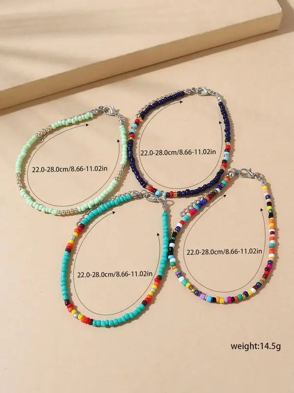 4pcs Boho Style Colorblock Beaded Anklet, Fashionable Foot Jewelry For Women, Daily Clothing Decor For Girl 7