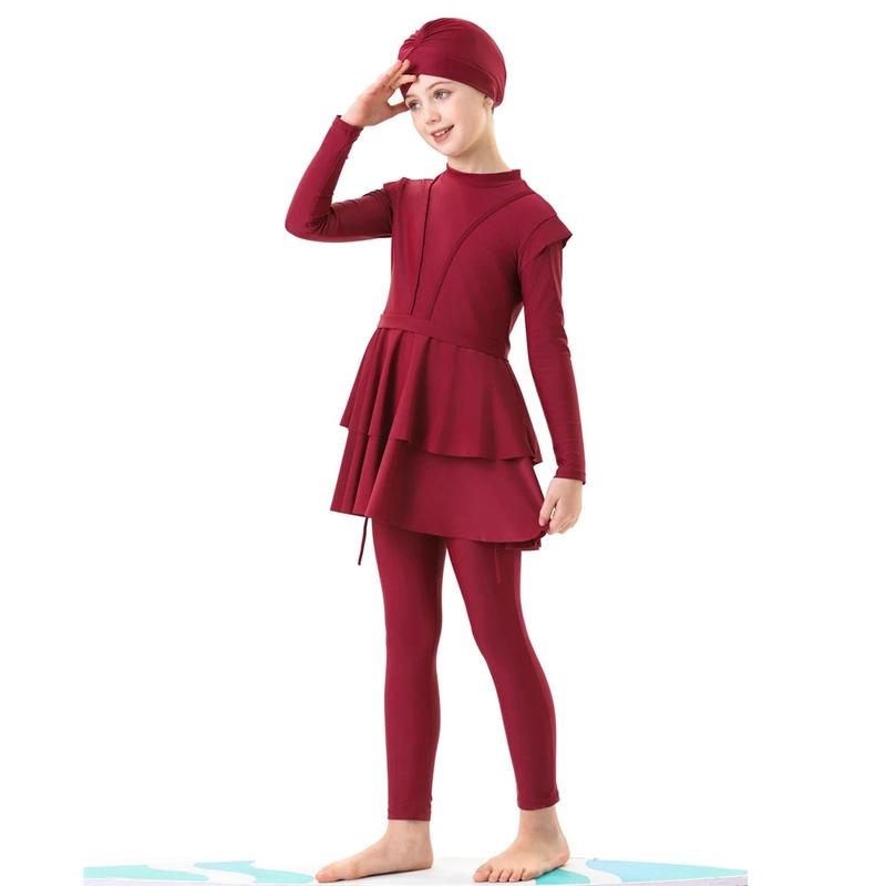 Product Introduction of New 2024 Islamic Dubai Modest Abaya 3 Piece Set Black Burkini Muslim Kids Swimwear Girl With Swim Cap Femme Musulmane Clothing 2