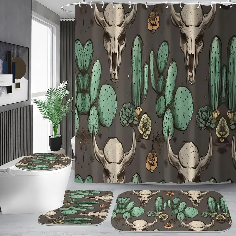 Cactus Skull Pattern Bathroom Set, 1 Shower Curtain with 12 Hooks, 1 Bath Mat, 1 U-shaped Rug, 1 Toilet Lid Cover, Bathroom Decor Supplies 0