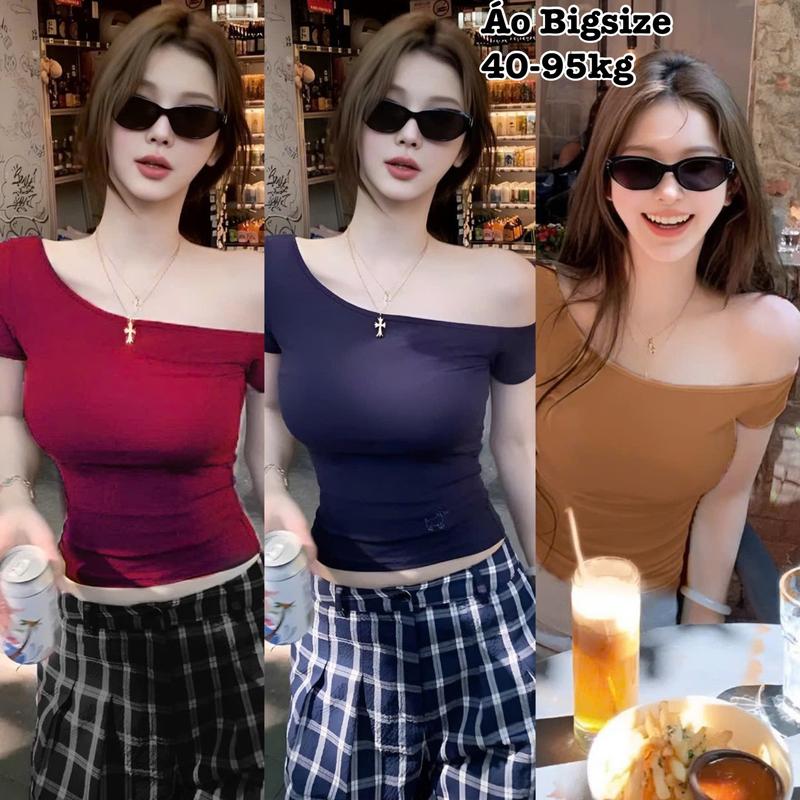 Áo Thun Nữ Bigsize Tay Dài Trễ Vai Chất Gân Tăm Co Giãn Xinh Đẹp Hot Hit Chuppy Dễ Thương Ôm Gọn Tôn Dáng Giá Rẻ 50-95kg - 2415