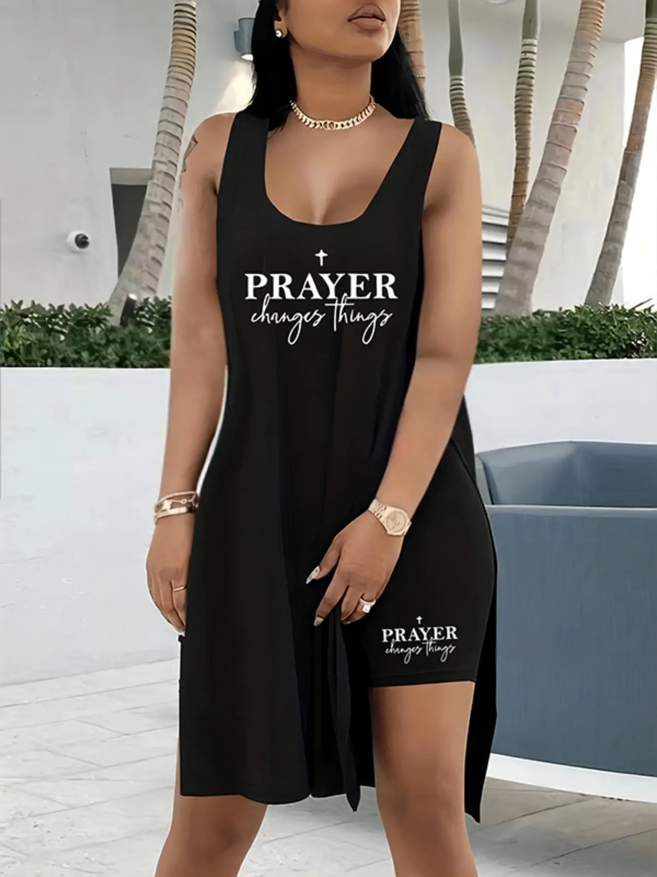 【Plus Size】 Letter Print Tank Top & Shorts Set, Elegant Fashion Casual Two-piece Set for Daily Outdoor Wear, Women Clothing for Summer