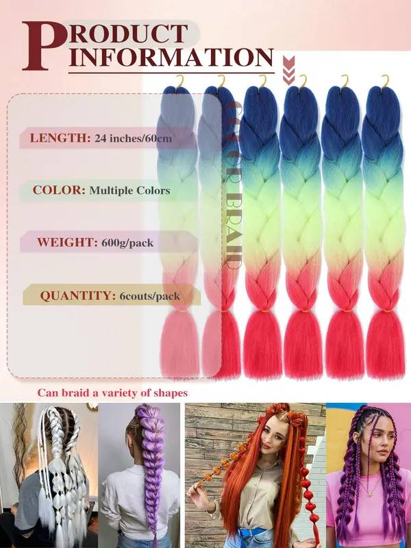 24 Inch Long Straight Synthetic Braided Hair Extension, Ombre Hair Braids Extensions, Synthetic Extensions & Pieces for Women 5