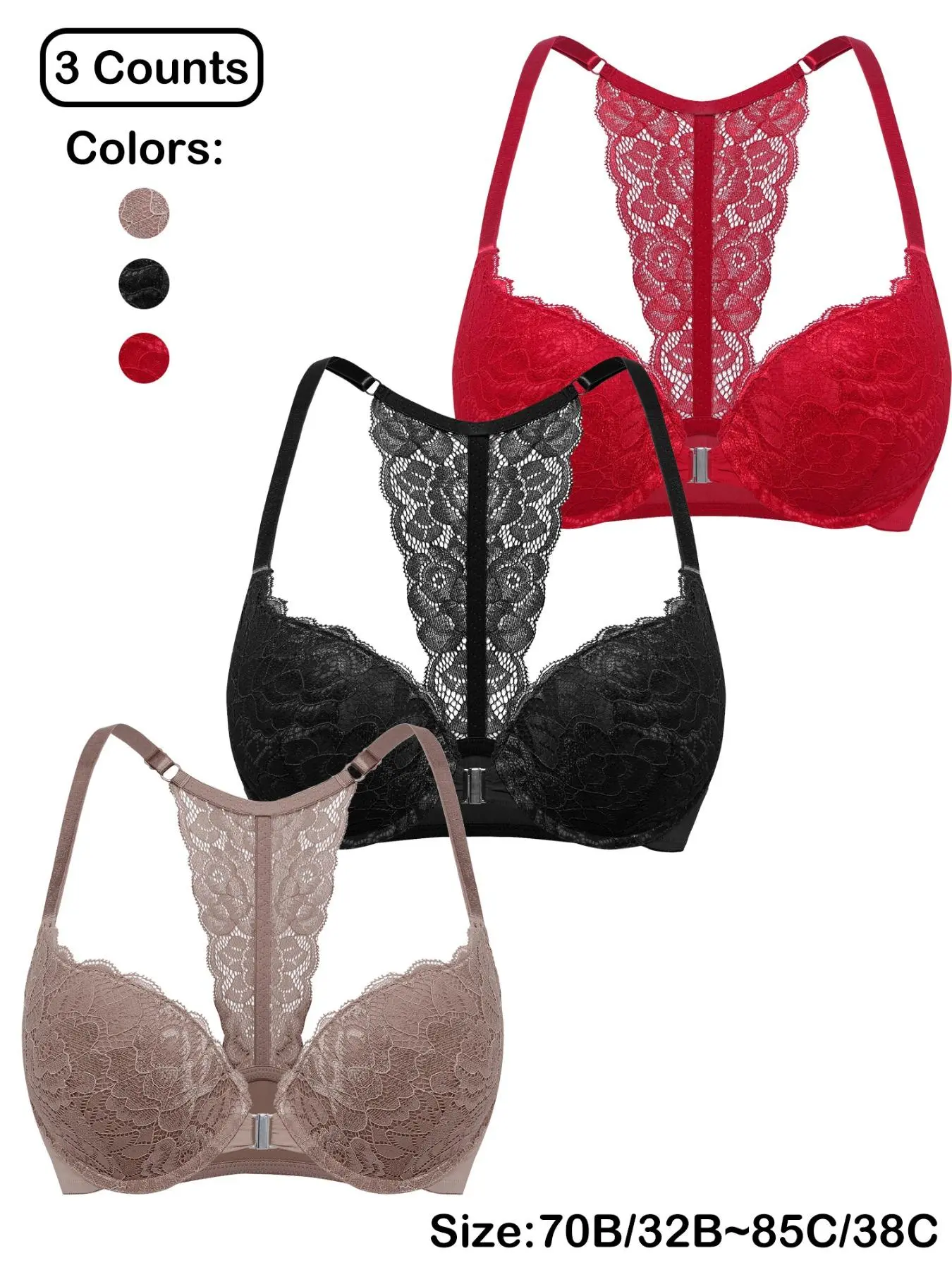 Women's Buckle Front Floral Lace Bra, Casual Comfortable Breathable Push Up Bra for Daily Wear, Underwear for All Seasons Valentine's Day, gift