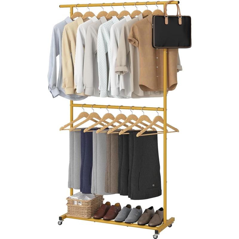 Wheeled Rolling Clothes Rack with Storage Double Rod Clothin - TikTok Shop