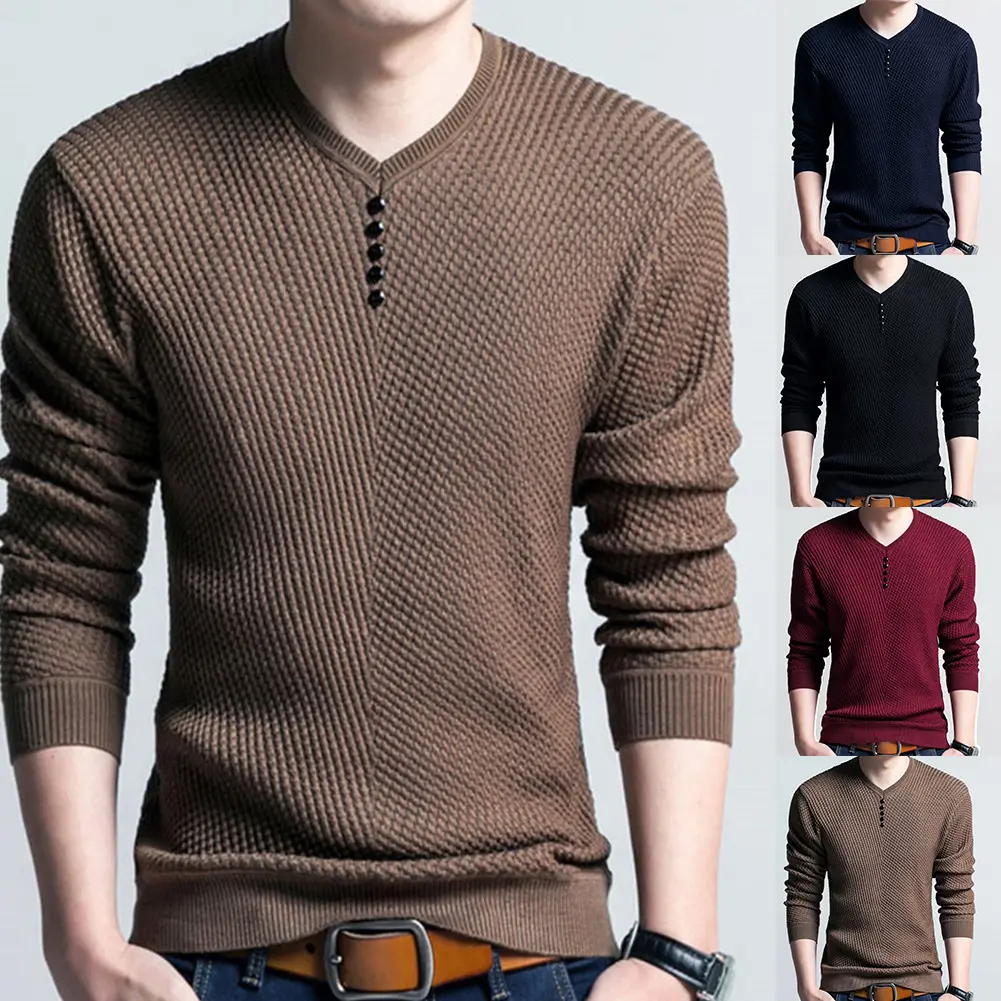 Áo Len Dệt Kim Dài Tay Cho Nam, Áo Chui Đầu Sang Trọng, Màu Trơn, Cổ Chữ V, Dáng Ôm, Áo Cánh