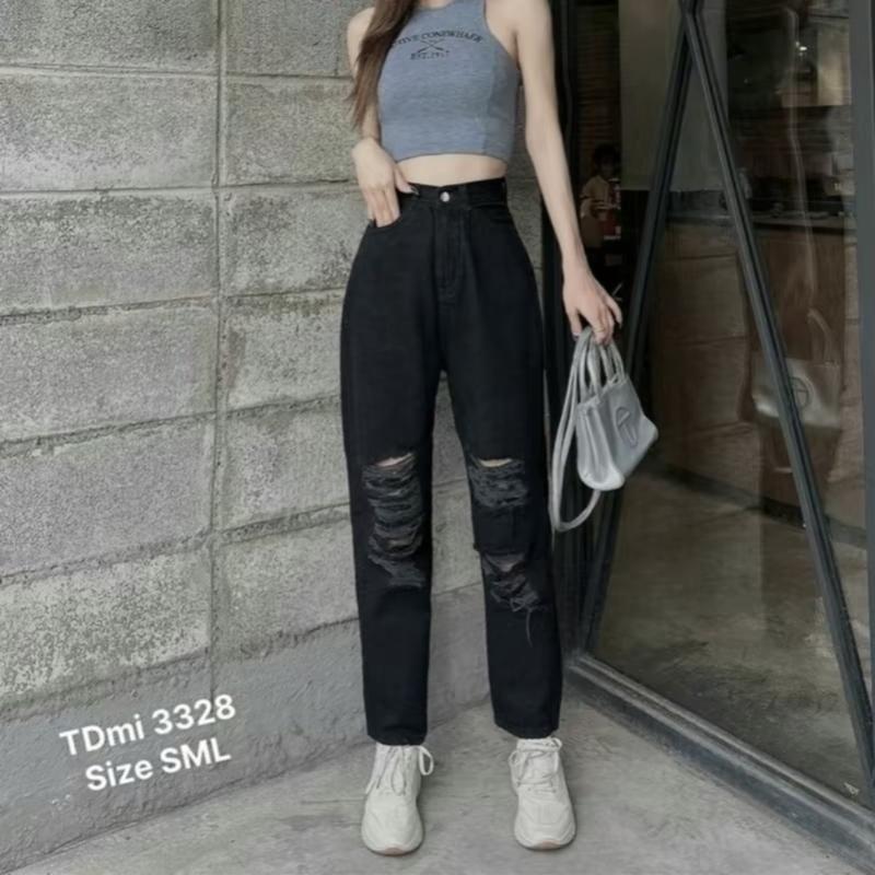  Quần baggy jean nữ ống Đứng lưng cao k co giản ,Quần baggy nữ màu Đen rách gối from 9 tấc TH532 