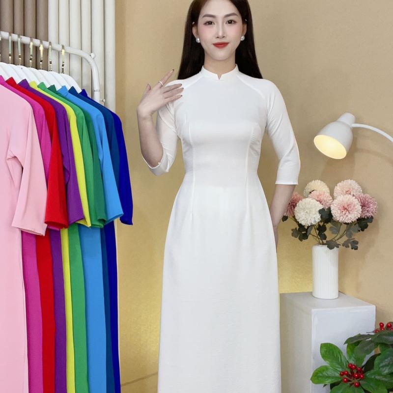 Áo dài lụa mỹ trơn cổ 2cm tay lỡ 3