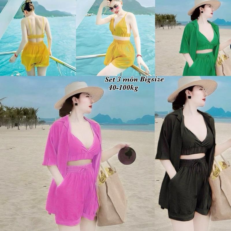 Thời Trang Bigsize Én Nhỏ - Set Bộ Quần Áo Đùi 3 Món Đi Biển Hot Hit Đi Chơi Diện Hè Có Bigsize Lụa Đũi Linen Cao Cấp Xinh Xắn Dễ Thương Giá Rẻ 50-100kg Nhung Kem Nữ Women Đen