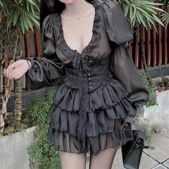 Set Áo voan phối ren đan dây tay phồng kèm chân váy nhún tầng