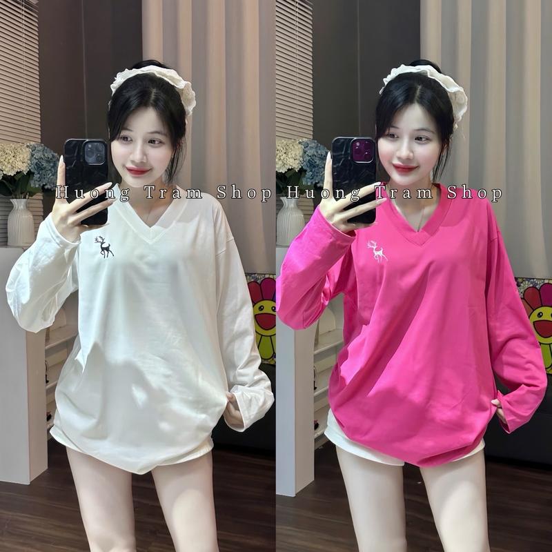 Áo Thun Dài Tay Cổ Tim cotton 3158 Freesize ( Huơu Thêu ) , Form rộng dấu quần 42-68kg , Chất cotton khô 3158 thoáng mát thấm mồ hôi Top Women ,áo thun mùa đông , áo trắng Jean Cổ Tròn Voan