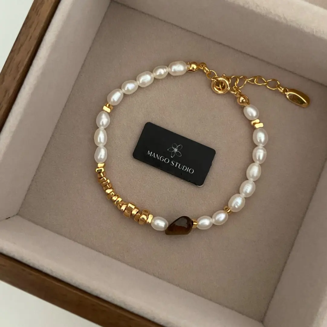 Minimalist High-End Design Rice Pearl Tiger Eye Adjustable Bracelet Niche Style Fashion for Women