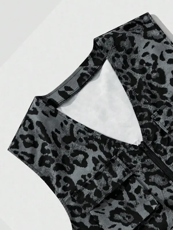 Men's Leopard Print Zip Up Vest Jacket, Regular Fit Casual Pocket Design Sleeveless Outerwear for Outdoor Hiking Camping, Fashion Men's Clothes for Summer, Menswear 3