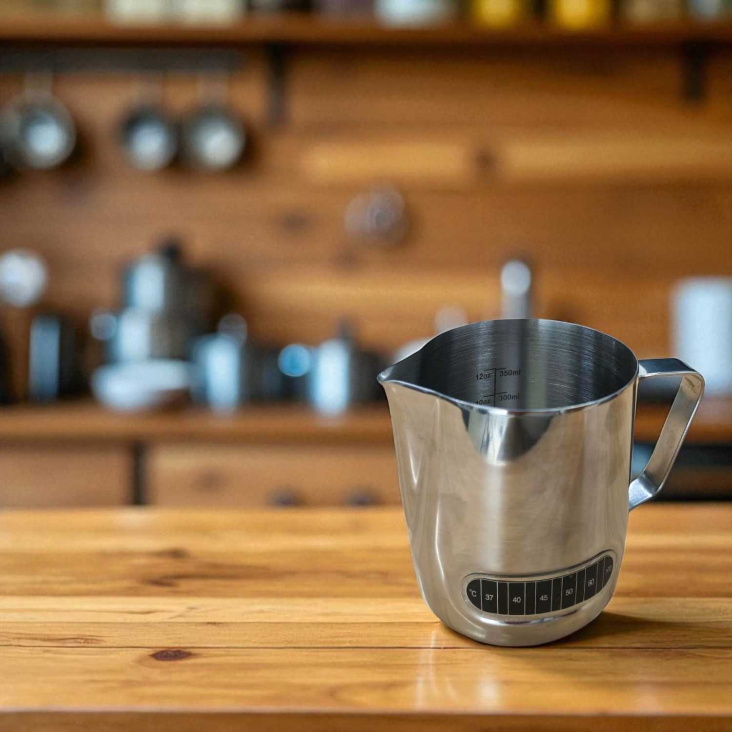 One Two Cups Gelas Milk Jug Latte Art Espresso Thermometer 350ml | Metal Jug Putih Susu - L-2016 One Two Cups Gelas Milk Jug Latte Art Espresso Thermometer 350ml | Metal Jug Putih Susu - L-2016