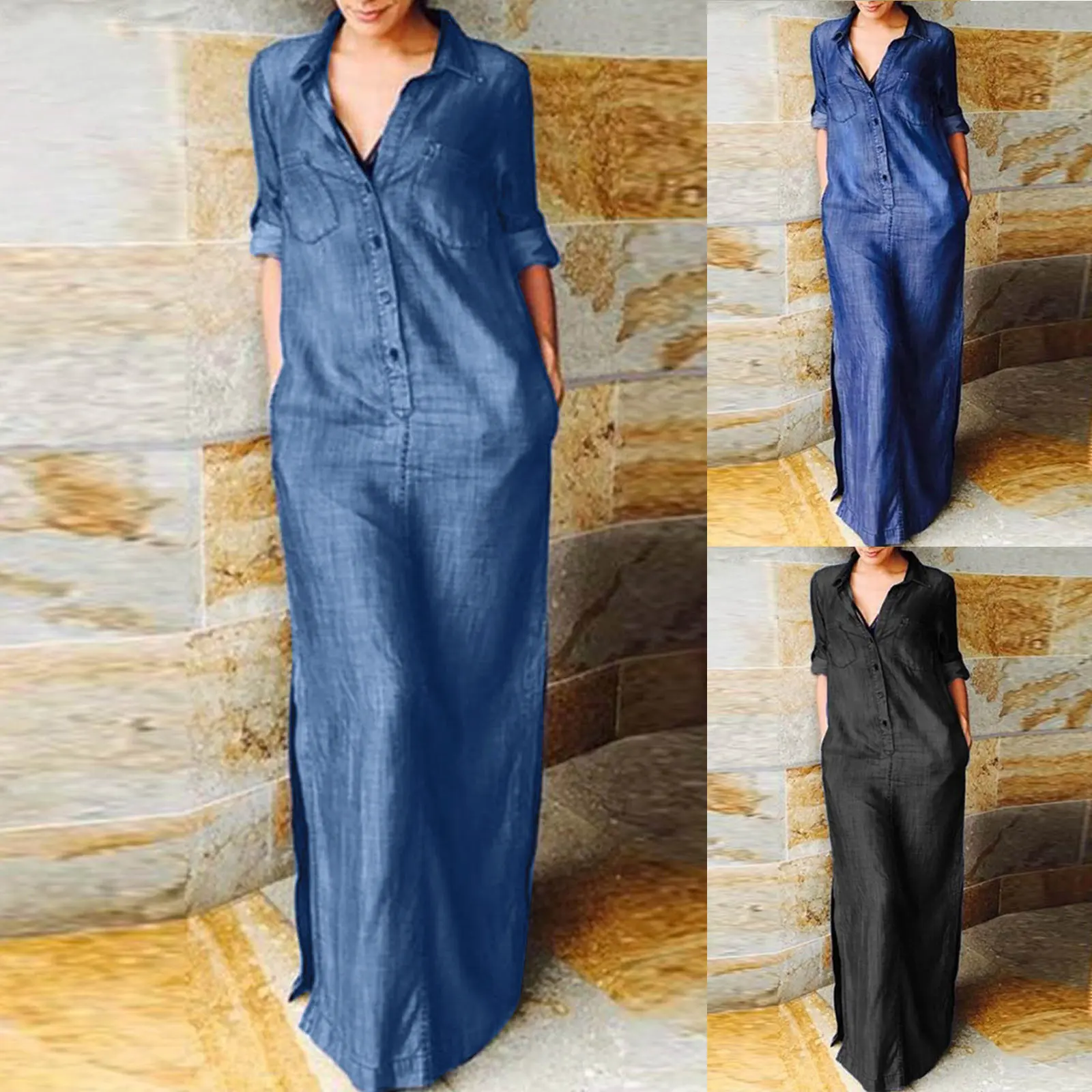 Women's long sleeve lapel button solid color long denim dress, viral beautiful glamorous gentle dresses for going to party