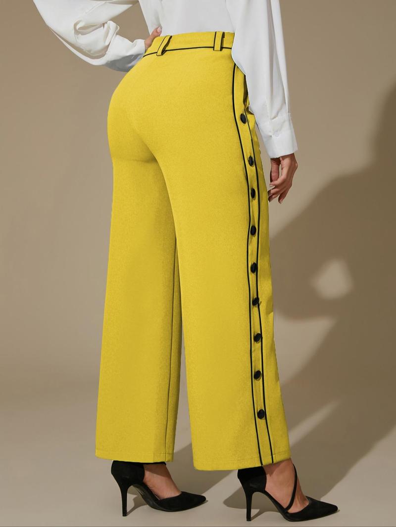 Product Introduction of Women's Colorblock Button Wide Leg Pants, Casual Comfy High Waist Trousers for Daily Wear, Ladies Bottoms for All Seasons 15