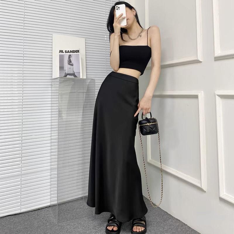 Chân Váy Midi, Xếp Nếp, Dành Cho Phụ Nữ, Phong Cách Mới, Mỏng Vừa Vặn, Eo Co Giãn, Chân Váy Chữ A Dễ Phối Đồ 1
