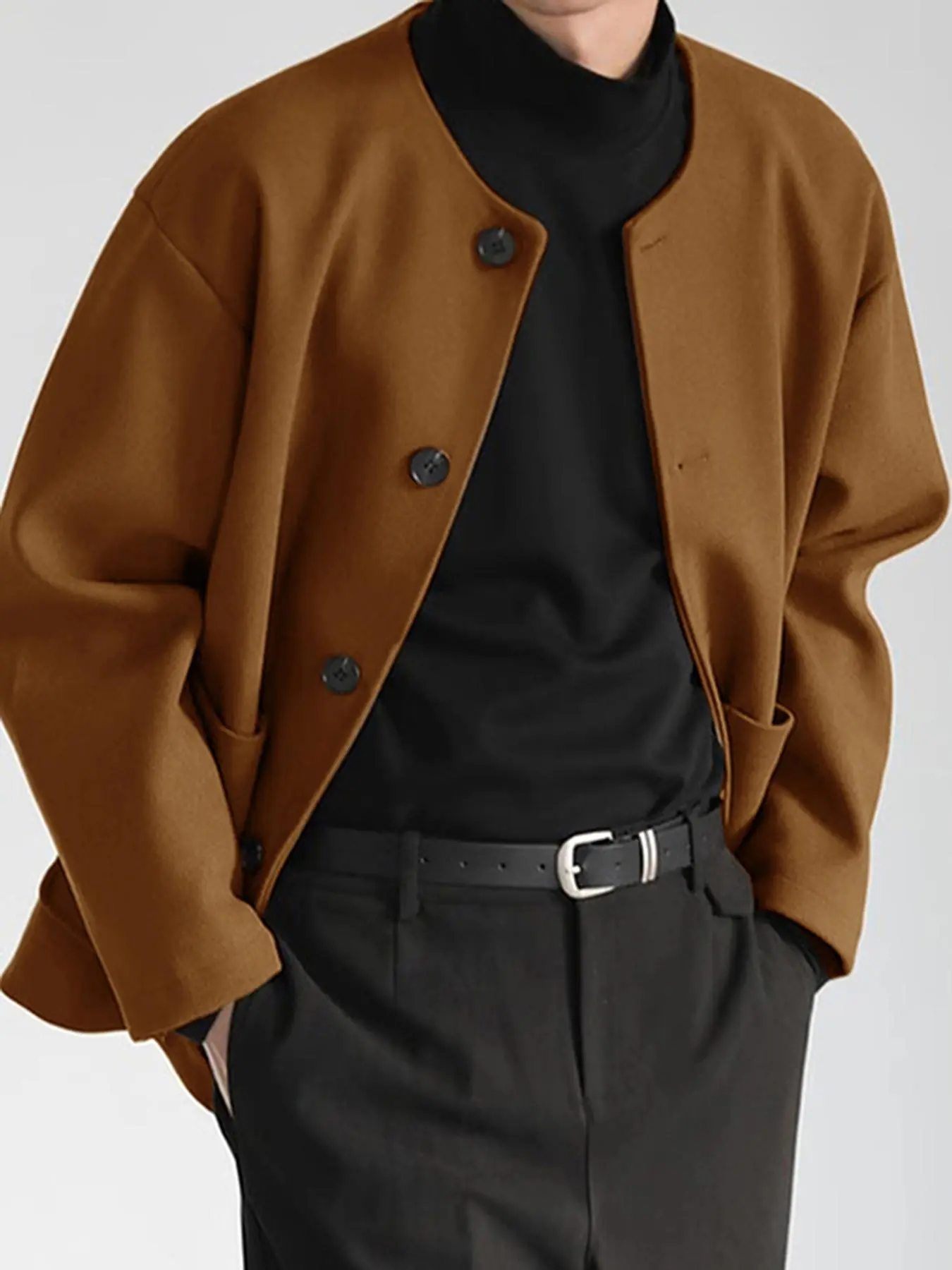 Men's Solid Button Front Drop Shoulder Jacket, Loose Casual Long Sleeve Pocket Outerwear for Fall & Winter, Men's Clothes for Daily Wear