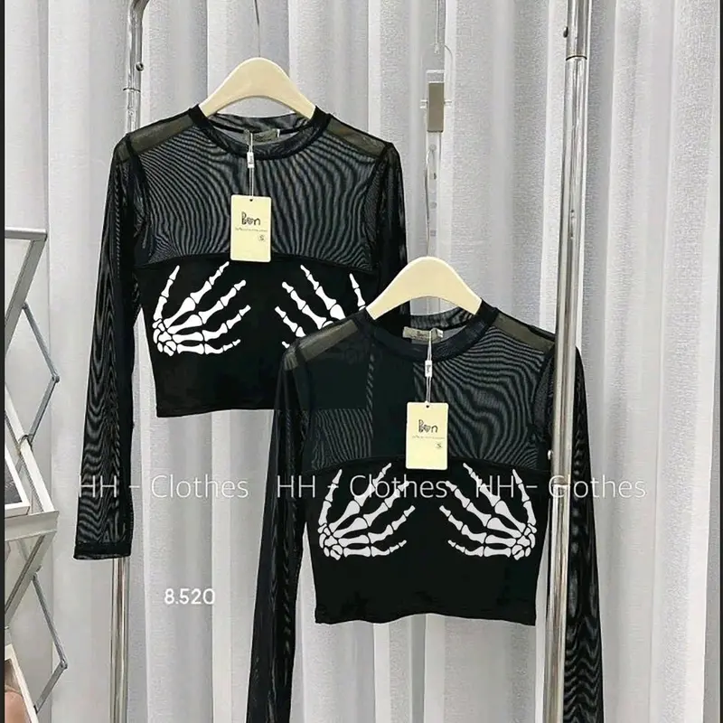 Áo lưới ôm gọn tay dài in hình bàn tay 0