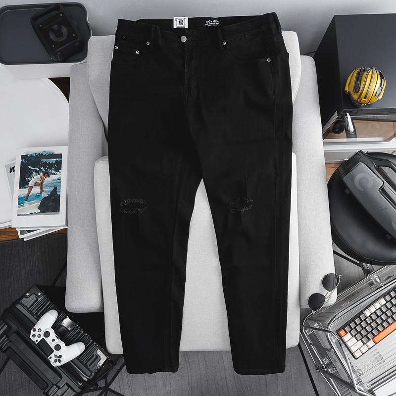 [bigsizemen] Quần jean đen dài rách 2 gối thời trang bigsize nam cỡ đại < 140kg