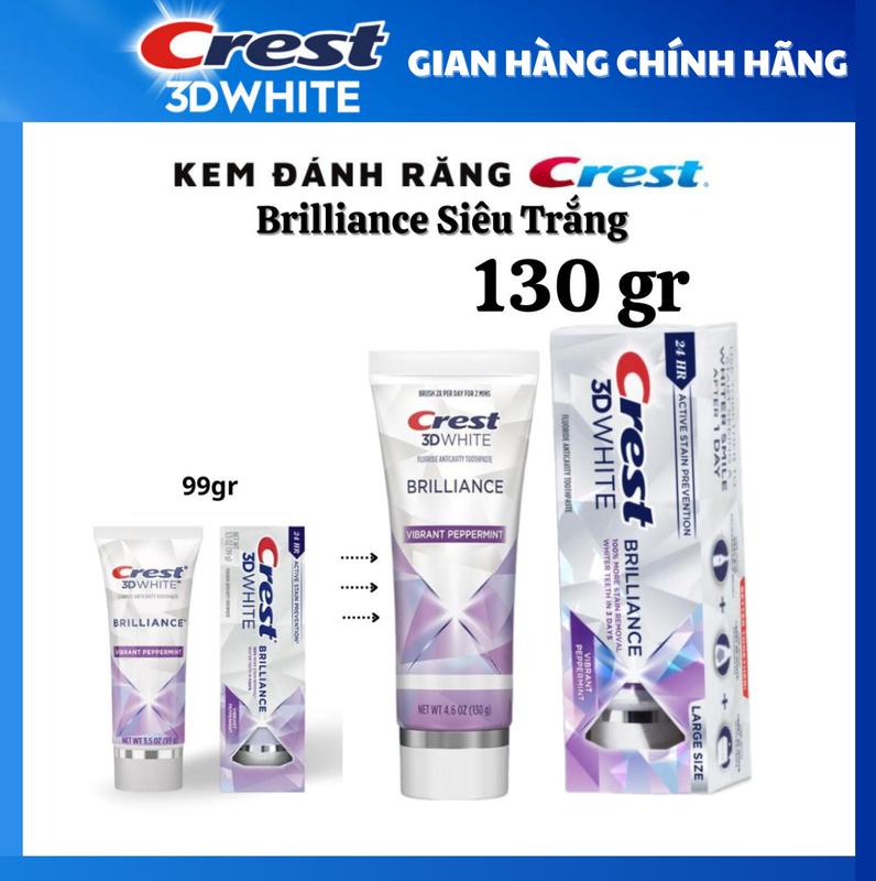 (SIZE ĐẠI 130GR)  Kem Đánh Răng Crest 3D White Brilliance Vibrant Peppermint Làm Trắng Răng 130Gr Mỹ Không chứa gluten Không chứa gluten Vệ sinh dentifrice  trắng răng kem  đánh
