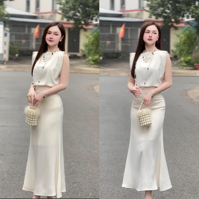 Set bộ lụa áo xuông phối chân váy đuôi cá Y51 Nữ Women Voi Chấm Bi Kem Top 0