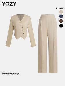 YOZY 1 Set Solid Button Front Jacket & Wide Leg Pants, Asymmetrical Hem V Neck Outerwear, 2024 Women's Daily Wear for Spring & Fall, Tummy Flattering