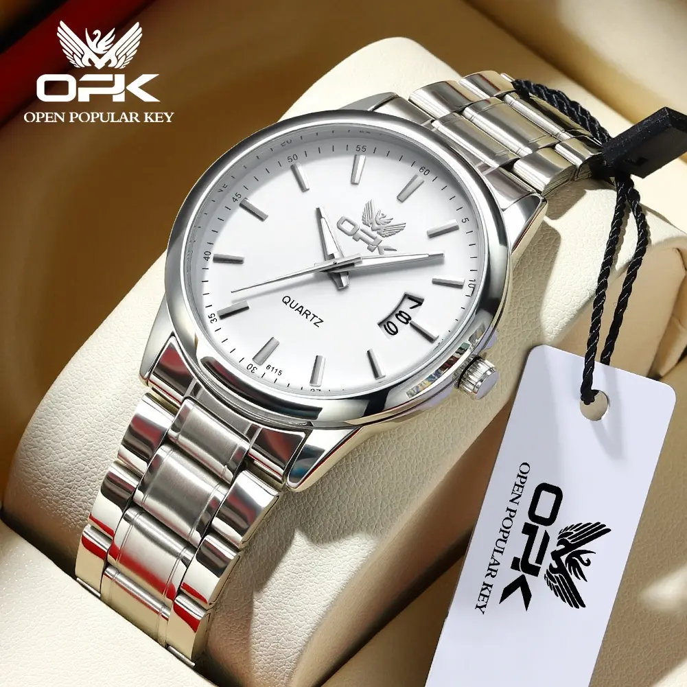 OPK Men's Watch 100% Waterproof Luminous Calendar Leather/Stainless Steel Strap Business Style Quartz Watch Simple and Stylish High-end Wristwatch 6010 silver  watch