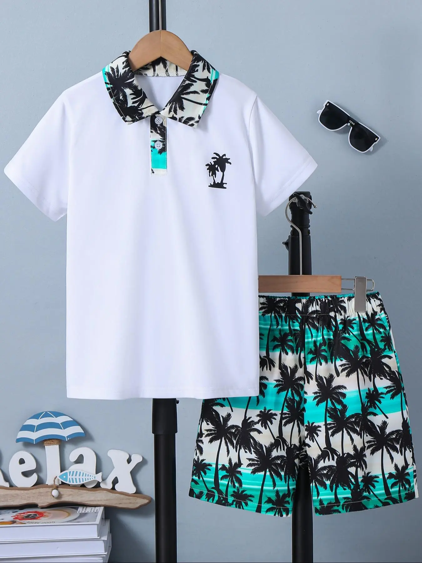 Boy's 2pcs Short Sleeve Polo Shirt &  Coconut Tree Print Elastic Waist Shorts Set, Cute Casual Button Front Top & Beach Shorts for Summer, Kids Clothes for Daily Wear