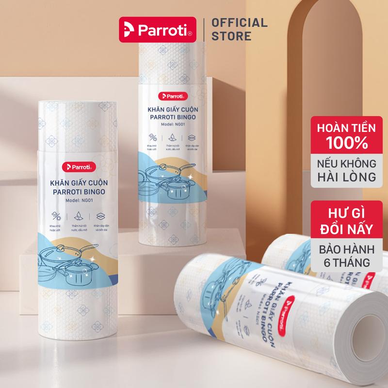 Khăn Giấy Lau Đa Năng, Cuộn Khăn Giấy Lau Bếp, Khăn Lau kính, Lau Chén Bát, Lau Tay, 50 Khăn 25x25cm, Parroti Bingo NG01