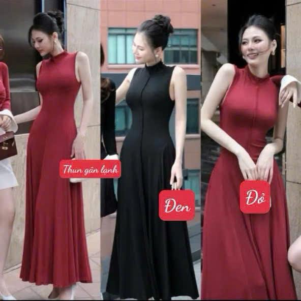 Đầm nữ cổ cao sát nách sọc gân dáng dài tùng xoè xinh yêu (Size SMLXL) - thun gân lạnh BB9 Váy boby , váy body nữ tôn dáng , váy xinh , váy đi tiệc , váy đi biển
