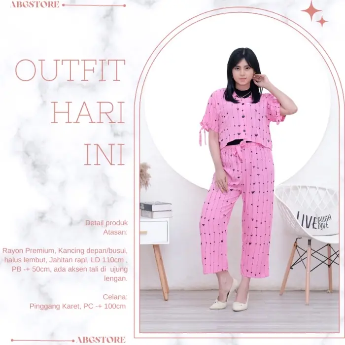 One Set Crop Top Terbaru Motif Love Setelan Celana Lengan pendek Bisa Dicuci Dengan Mesin Baju Karet Kancing Setrip 7