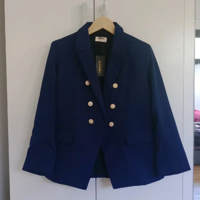 Blazer wanita/Jas wanita formal semi formal model double breasted Polos Hitam Kantor High Panjang Basic Kerja Simple Tangan Kancing 3