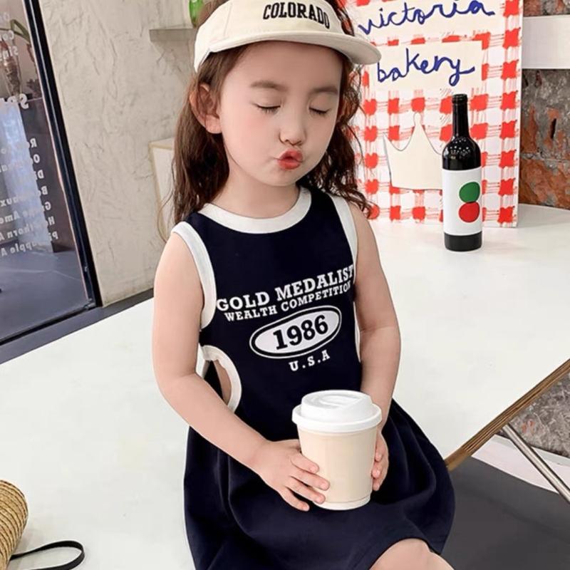 Váy ba lỗ khoét eo in chữ sành điệu cho bé gái, chất cotton, 3 màu trắng, đen, hồng, size 11-27kg 2
