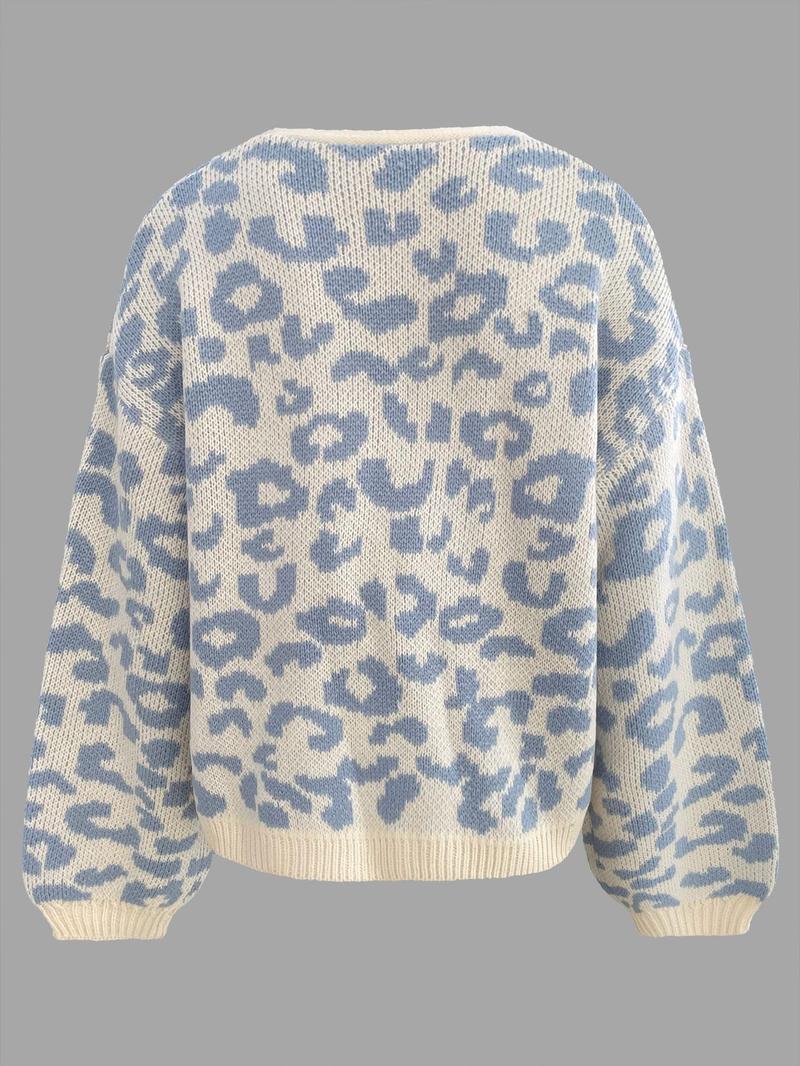 Product Introduction of Women's Colorblock Leopard Drop Shoulder Cardigan, Casual Long Sleeve Open Front Knitwear for Fall & Winter, Fashion Women's Knit Clothing for Daily Wear 8