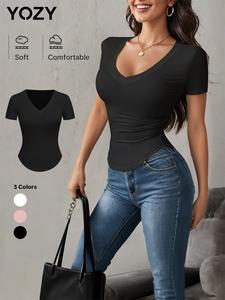 YOZY Women's Plain V Neck Tee, Casual Minimalist Short Sleeve T-shirt for Summer, Ladies Clothes for Daily Wear
