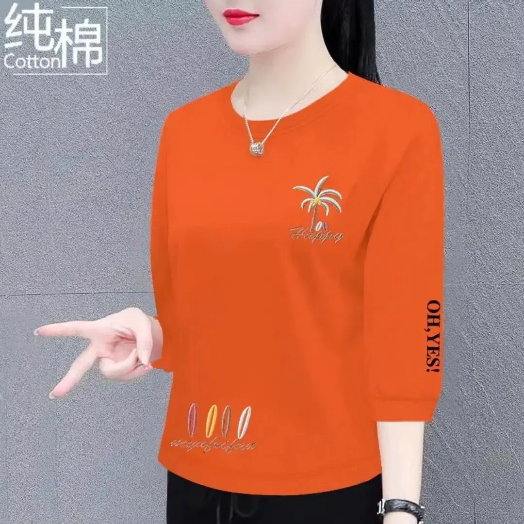 Áo Thun Cotton, Hàng Mới Về Năm 2024, Dành Cho Nữ, Thời Trang Mùa Thu, Dễ Phối Đồ, Tay Áo Ba Phần Tư, Phong Cách Hàn Quốc, Dáng Rộng Vừa Vặn, Áo Thun Áo Top Women Cổ Tròn