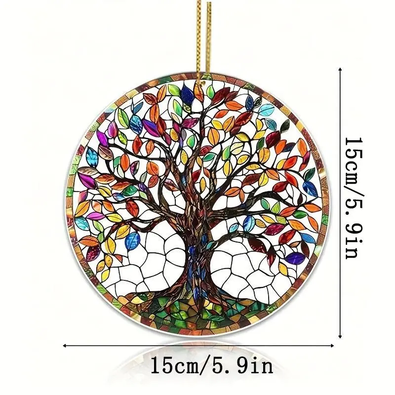 Colorful Tree Of Life Design Sun Catcher, Double Sided Decorative Pendant with Chain, Hanging Decor for Home Living Room Bedroom, Hangable 1