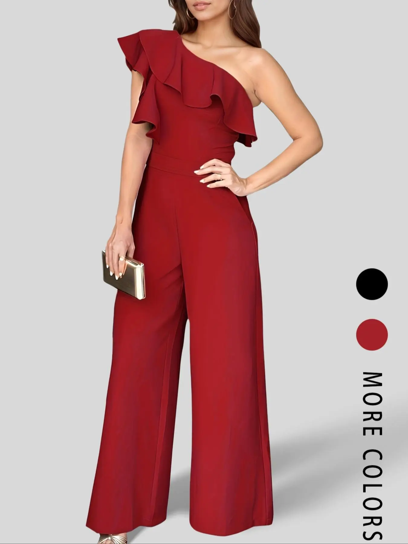 Women's Plain Ruffle Trim Jumpsuit, Chic Elegant One Shoulder Jumpsuit for Party Holiday Wedding Guest, Ladies Spring & Fall Clothes