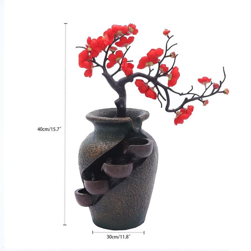New Resin Indoor FengShui Ornaments Water Fountain 15.7in Flower Vase Waterfall Fountain with Simulated Decorative Trees Indoor Waterfall Study Office Tea Room 2