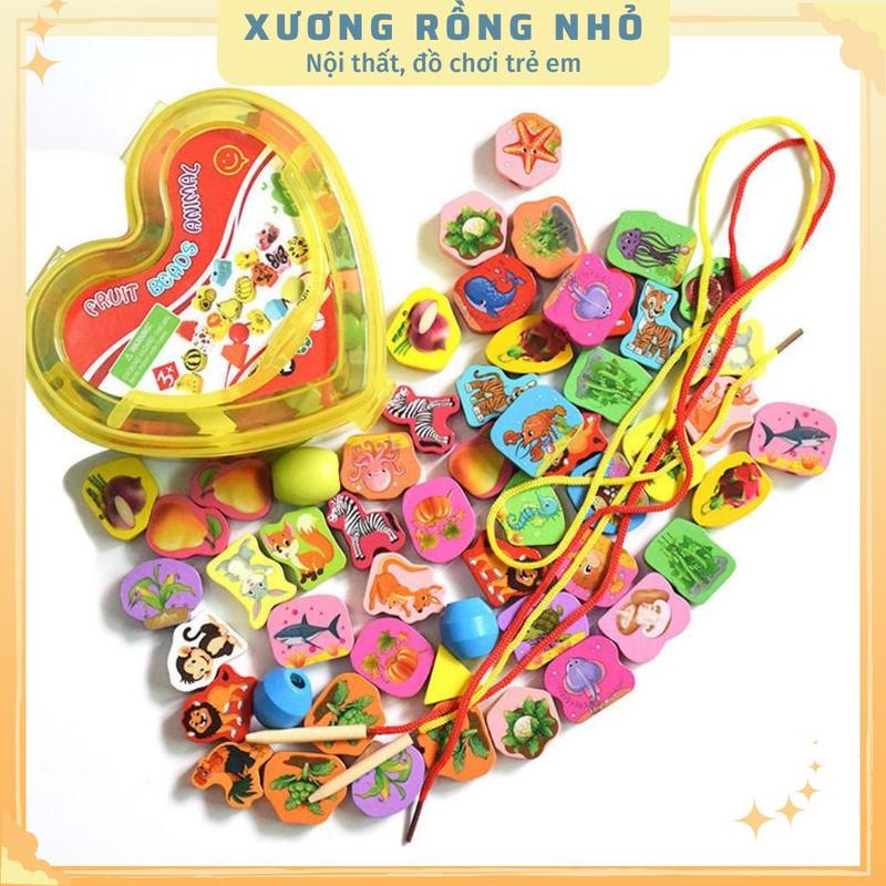 Xâu hạt gỗ - luồn dây xâu hạt hộp hình trái tim 50 hạt gồm nhiều chủ đề cho bé Đồ Chơi
