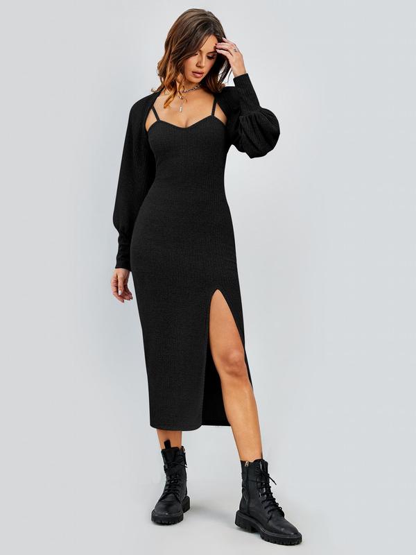 Two-Piece Set Women's Solid Co-ord Set, Split Thigh Knit Cami Dress & Bishop Sleeve Open Front Crop Top Set, Women's Clothing for Spring & Fall 4