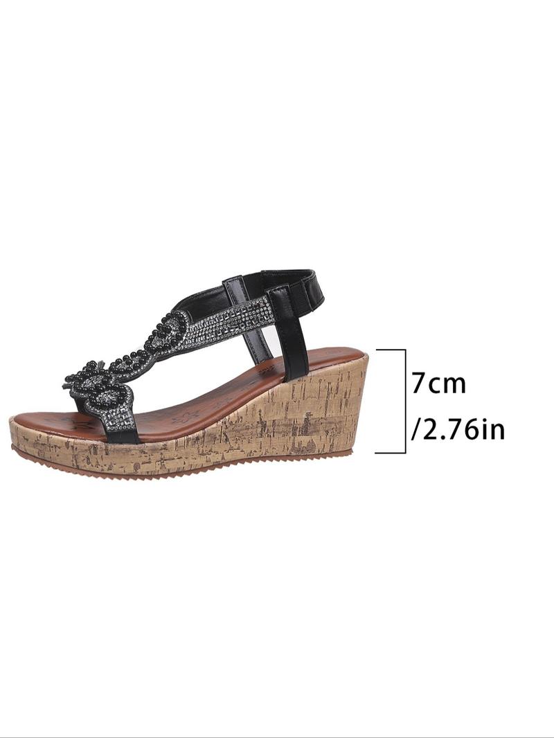 Product Introduction of Women's Fashionable Rhinestone Decorated Sandals, Elegant Slip on Wedge Sandals for Summer, Lightweight Breathable Comfortable Shoes for Daily Wear, Girl 6