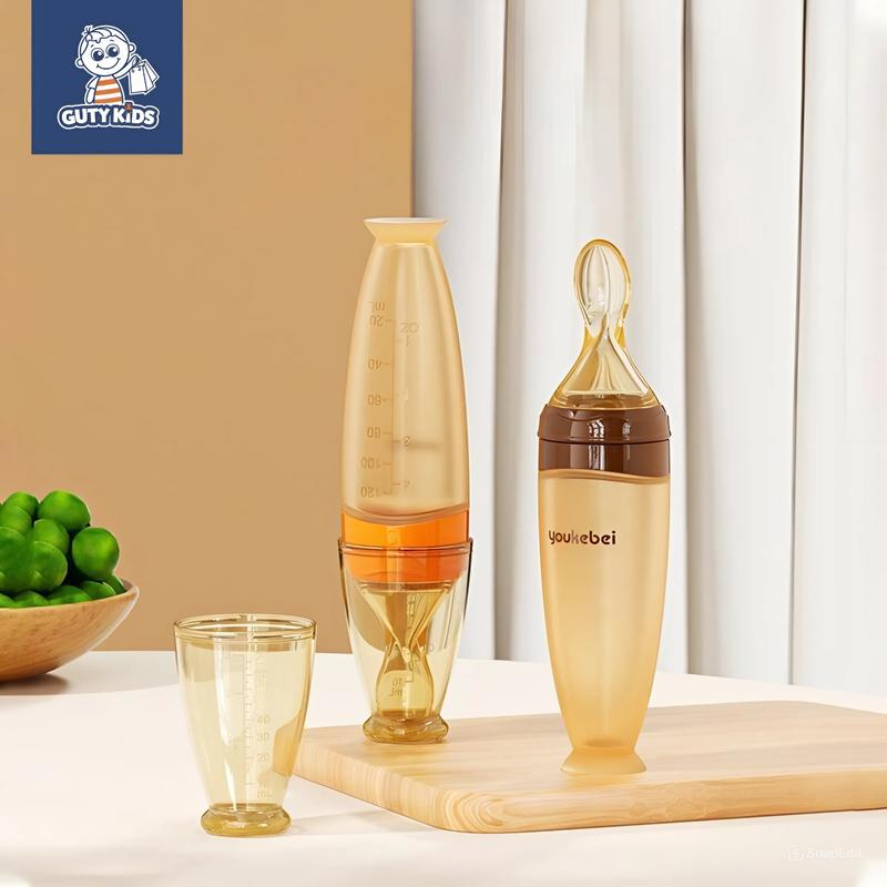 Thìa ăn dặm cho bé,bình thìa ăn dặm silicon Guty kids có vạch chia dung tích 120ml, bộ đồ ăn cho trẻ em, cốc hút, thìa mềm, bình đựng ngũ cốc