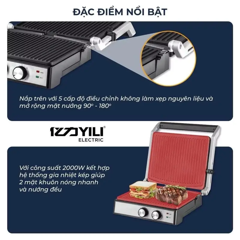 Máy Kẹp Nướng, Ép Bánh Mỳ YILI Y2626 E Làm Đồ Ăn Sáng 2000W 3