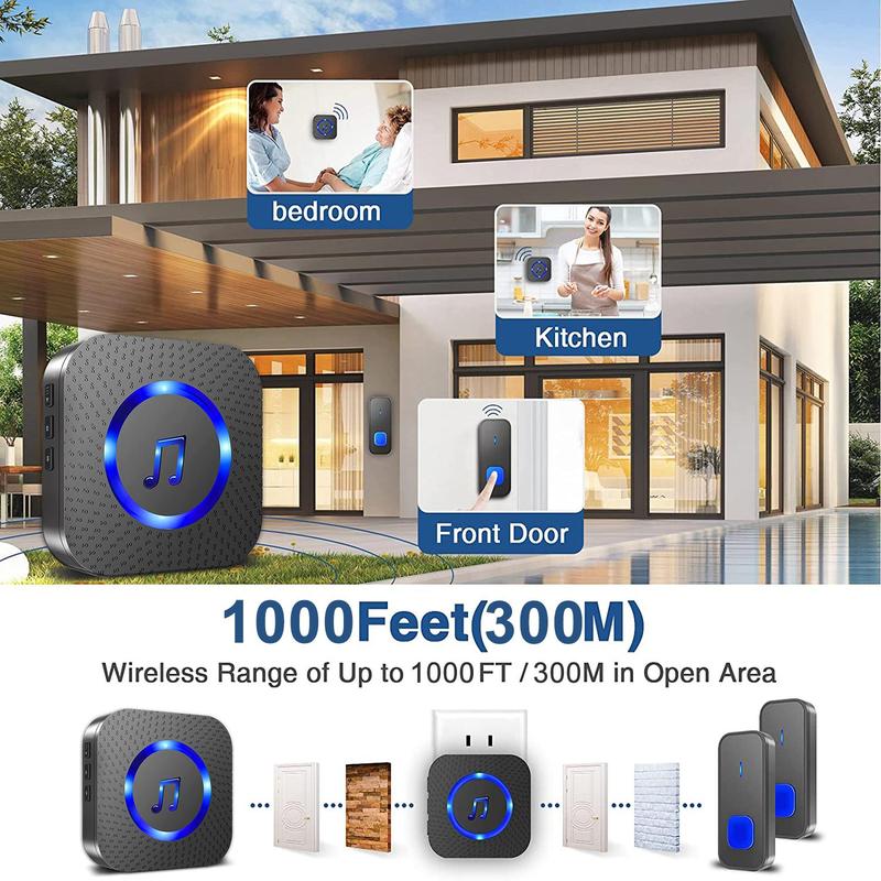Wireless Music Doorbell, Multifunction Waterproof Doorbells with Button Transmitter & LED Flash, Self-adhesive Indoor Security Device for Home Classroom Office, Valentine's Day Gift 3