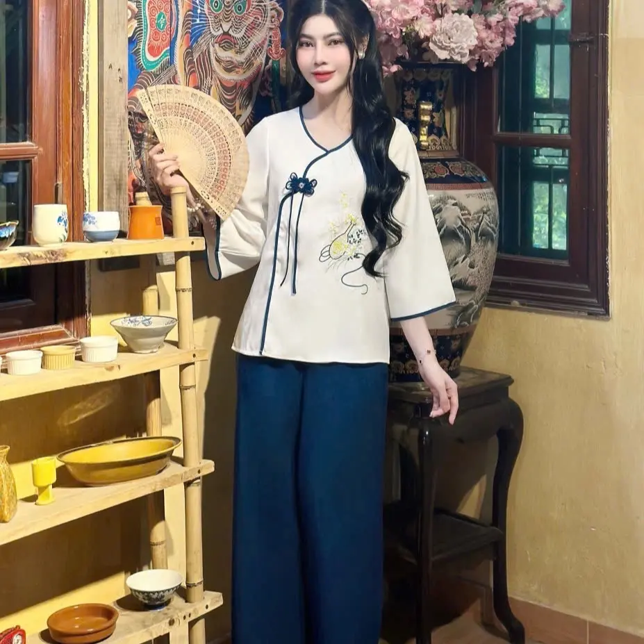 Pháp phục đũi thái thêu Đàn tranh đính nơ trang trí ( áo kèm quần)